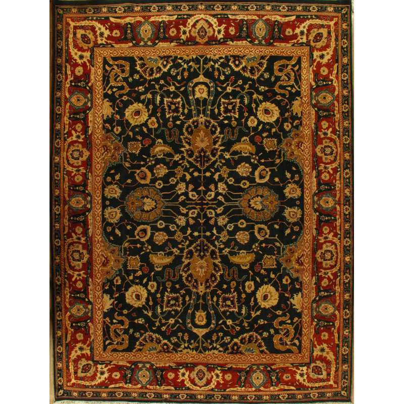 Tapis oriental noir / rouge en coton / laine 8 pi 11 po x 12 pi Xerenity