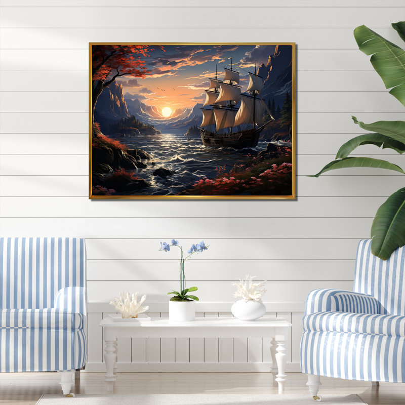Bateau pirate au milieu de Legacy III - art mural pirate, Cadre flottant doré, H 12 po x l 20 po x P 1 po