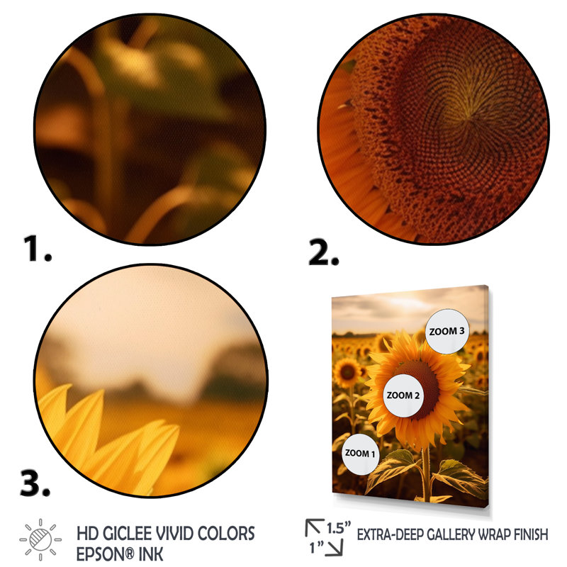 Tournesol doré au coucher du soleil II sur toile, H 20 po x l 12 po x P 1 po, Cadre photo noir