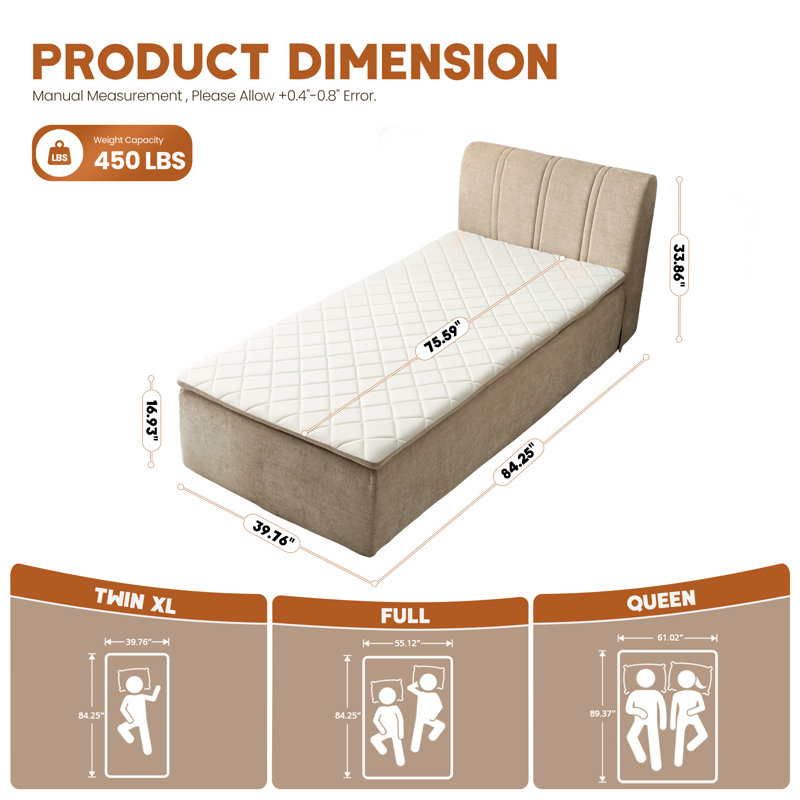 Lit plateforme tapissier avec tête de lit en chenille, Lit simple, Beige