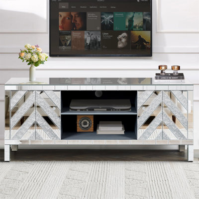 Mirrored TV Stand For 65+ Inch TV, Sliver Console With Open Storage And Cabinets, Sparkling Mirror Doors For Living Room
