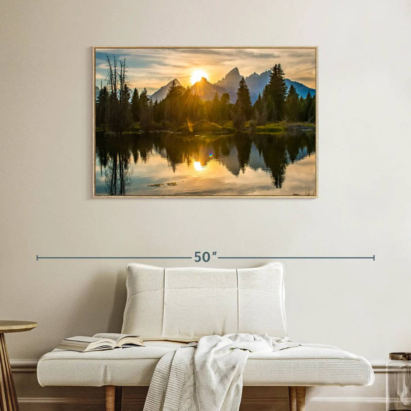 Coucher de soleil spectaculaire sur Grand Teton, Cadre flottant en bois naturel, 40 po x 27 po