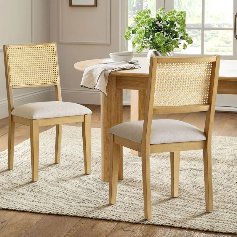Chaises de salle à manger Cane avec pieds en bois massif, Bois naturel