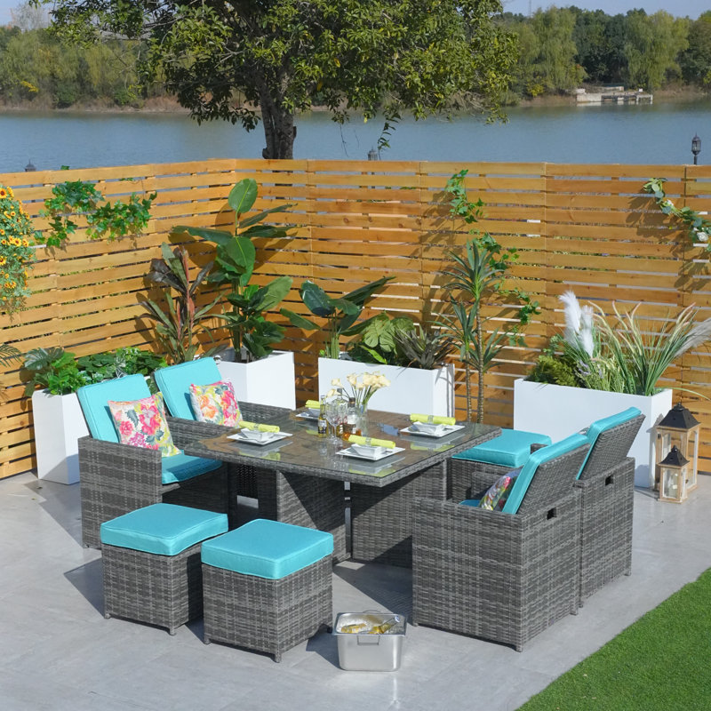 8 - Person Wicker Patio Dining Set with Square Table , Cushions Included, Gray, Cyan