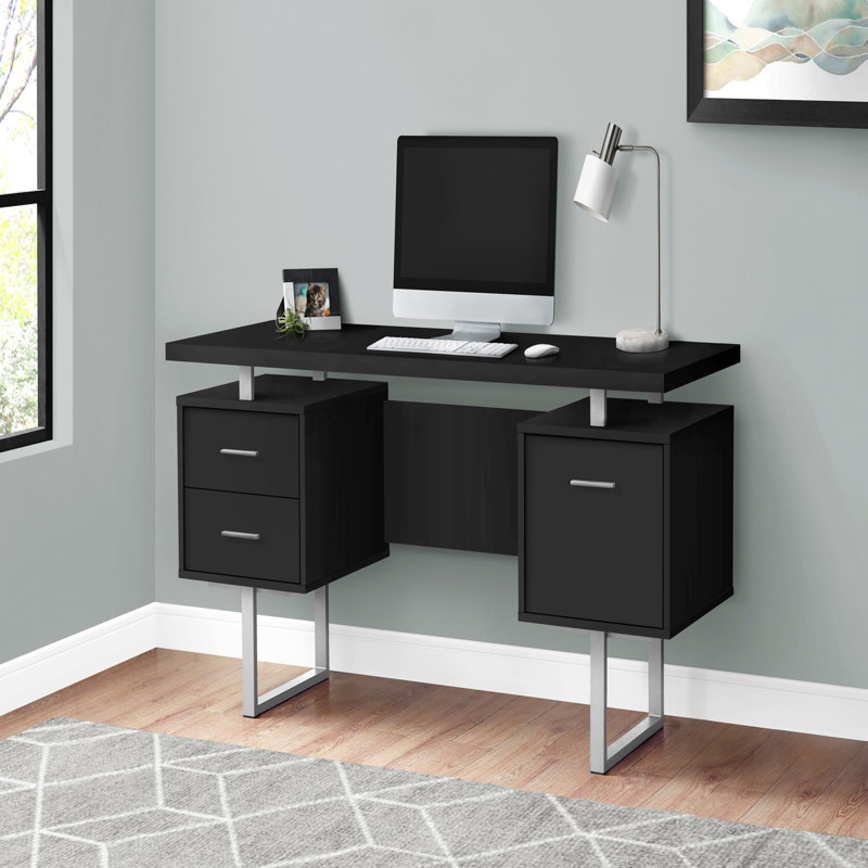 Bureau d'ordinateur, bureau personnel, ordinateur portable, installation à gauche, à droite, tiroirs de rangement, L 60 po, bureau, stratifié noir, métal gris, contemporain, moderne