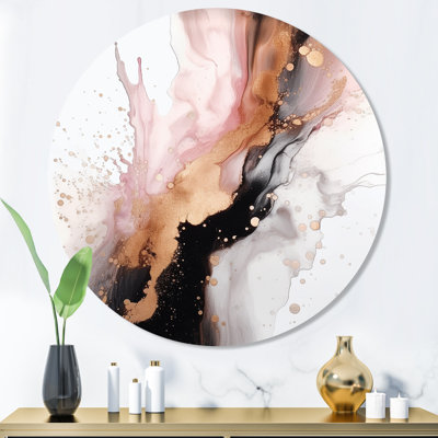 «Pink Gold Texture Splash Marble I», art mural rond en marbre abstrait sur métal