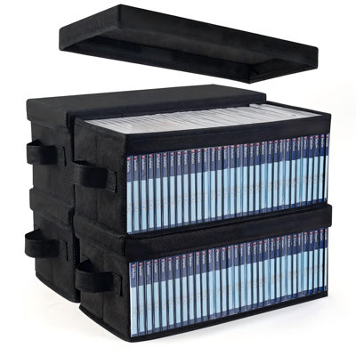 Boîte de rangement pour CD, ensemble de 4 étuis, fenêtre latérale transparente pour étiquette, revêtement en tissu non tissé souple, peut contenir 128 boîtiers CD standard, 256 boîtiers slim ou 700 CD sous pochette.