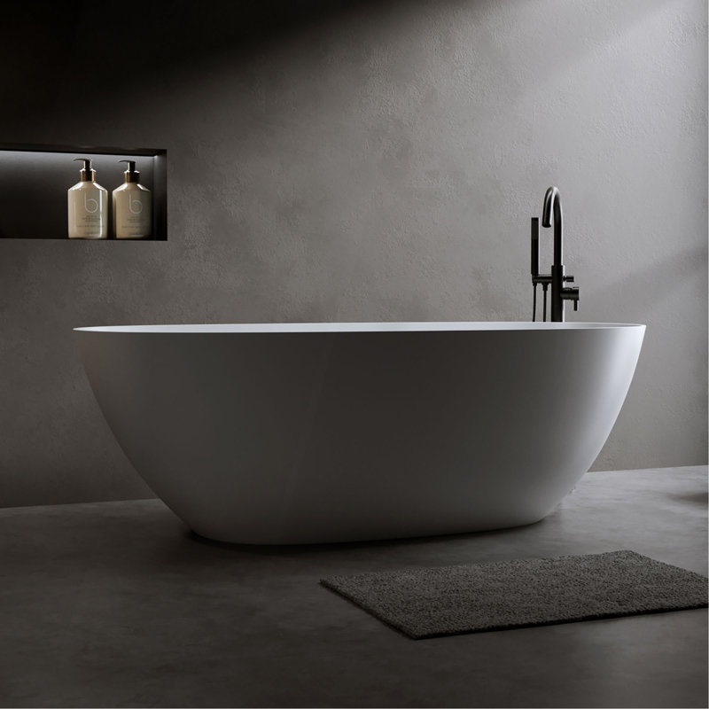 69'' Freestanding Bathtub Resin Stone Soaking Bathtub Solid Surface Modern Tubs With Overflow And Pop-Up Drain In White
