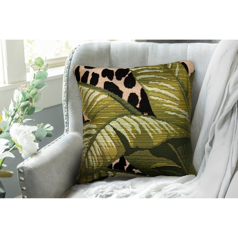 Green and Beige Tropical Leaf Print Indoor/Outdoor Pillow