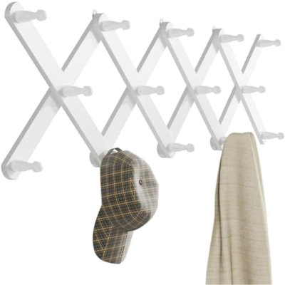 Wall Hanger with 14 Pegs, Expandable Wooden Coat & Hat Rack | White Color, Hat Display Rack, X Shape Rack for Coat, Hats, Bags, Baseball Caps, Coffee Mug, Jewelry
