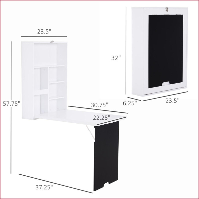 Bureaux, bureau mural moderne pliable avec tablettes et amp; Tableau noir, blanc | Panneau de fibres à densité moyenne | Blanc + noir