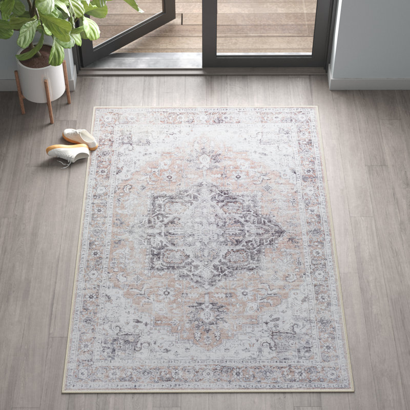 Glendale Heights Machine Washable Oriental Beige/Charcoal Area Rug, Rectangle 5'3" x 7'3"