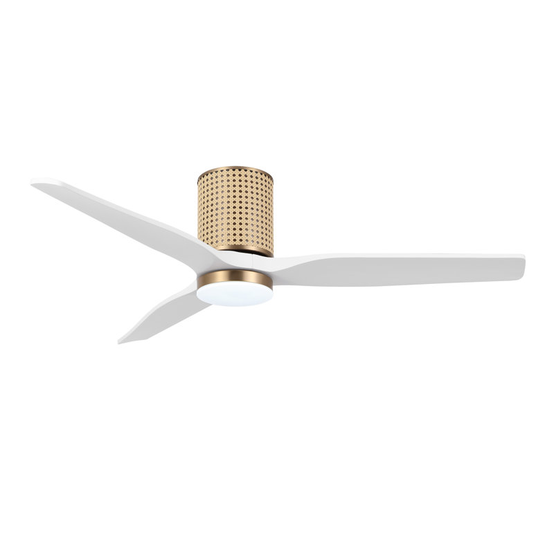 52 In. 3 Solid Wood Blades Flush Mount Ceiling Fan With Led Light, White, Gold/Natural