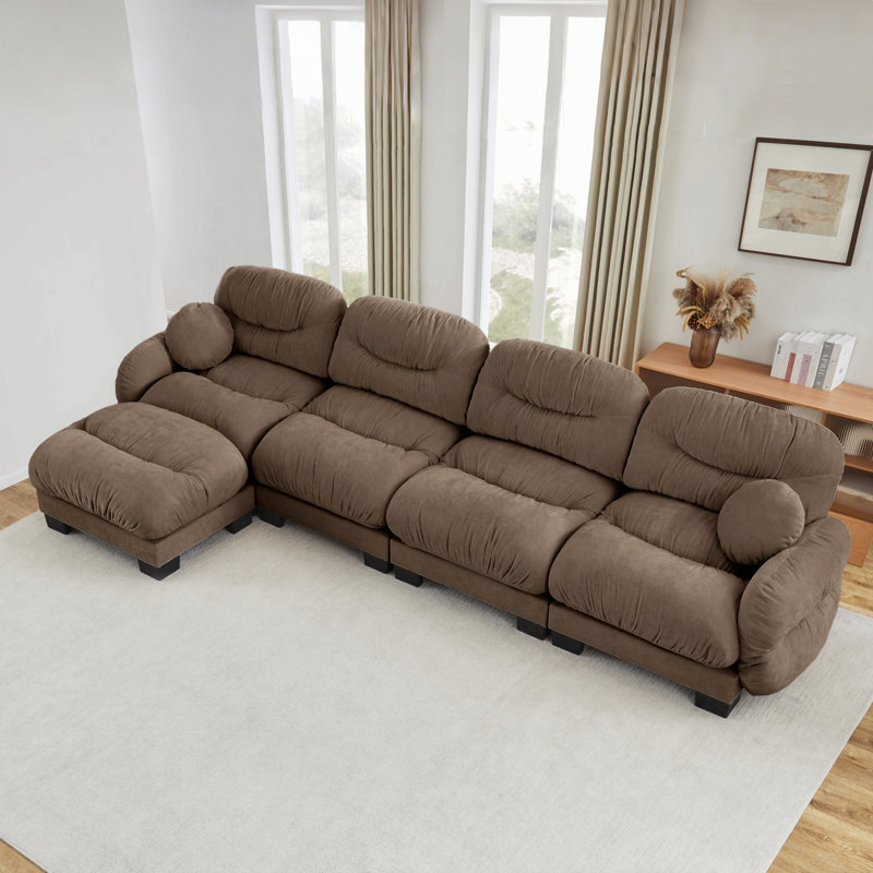 Canapé modulaire confortable en tissu de chenille plissé 4 places, L 150,3 po, Chenille brun