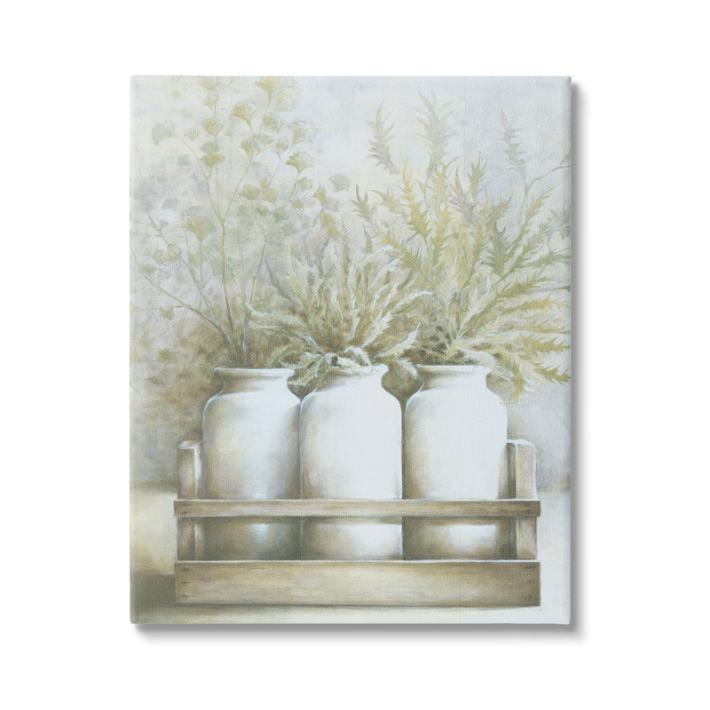 «Country Herbal Blooms Varied Plants Milk Jugs» par White Ladder - peinture à cadre flottant sur toile, Toile tendue