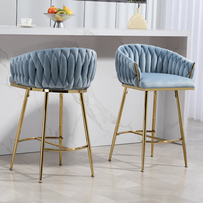 Ensemble de 2 tabourets de bar 26 po à hauteur de comptoir avec dossier ondulé à la main, base chromée dorée et repose-pieds (bleu)