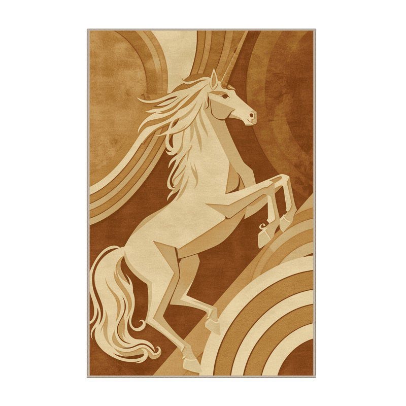 Machine Washable Pavli Unicorn Art Deco Arc Rug in Brown – Beige Binding, 7x10