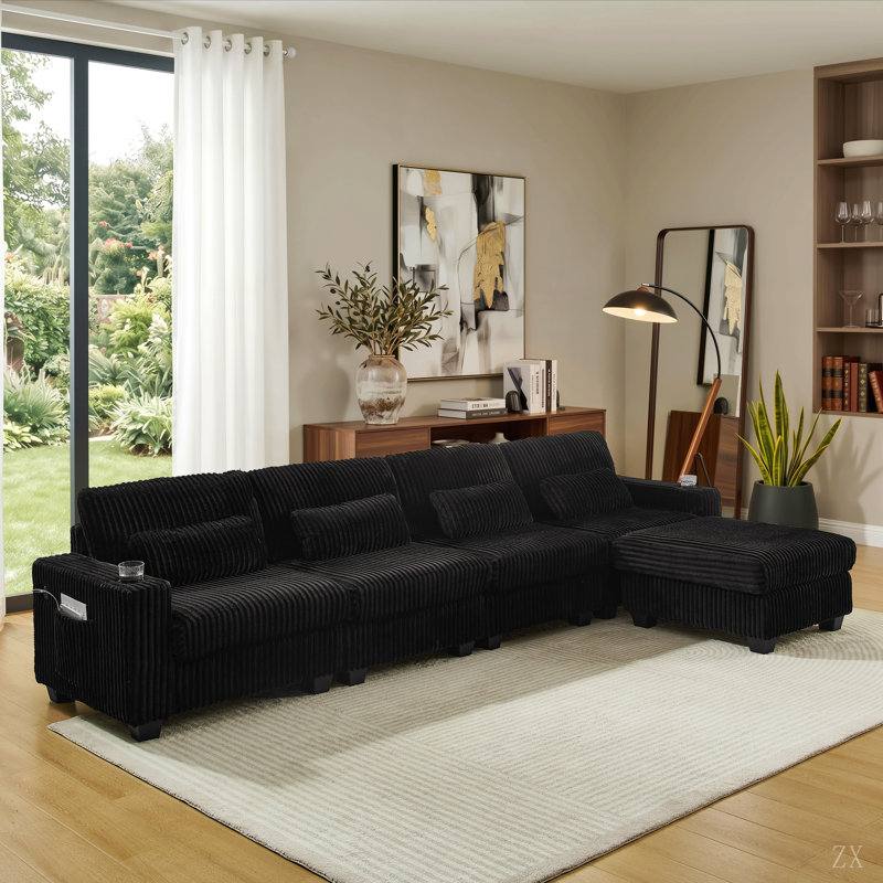 Canapé modulaire en L Corduroy, Velours côtelé noir, Noir