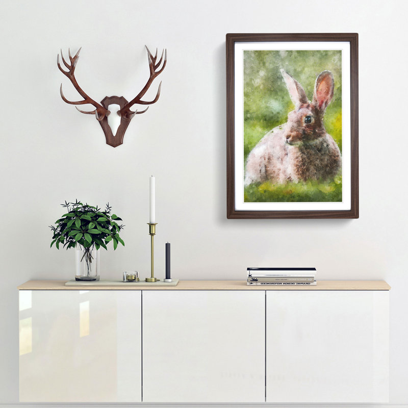 Rabbit In A Green Field - Single Picture Frame Print on MDF, 33cm H x 24cm W x 2cm D, Walnut Framed