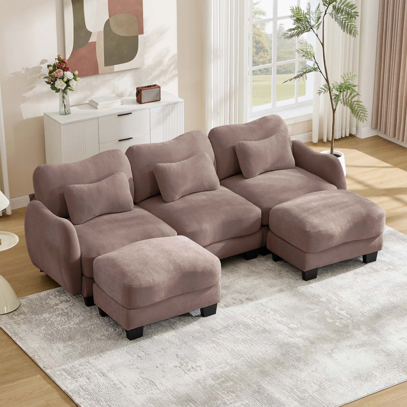 Canapé en chenille en forme de U avec design ergonomique incurvé et repose-pieds mobile, Rose Dust Chenille
