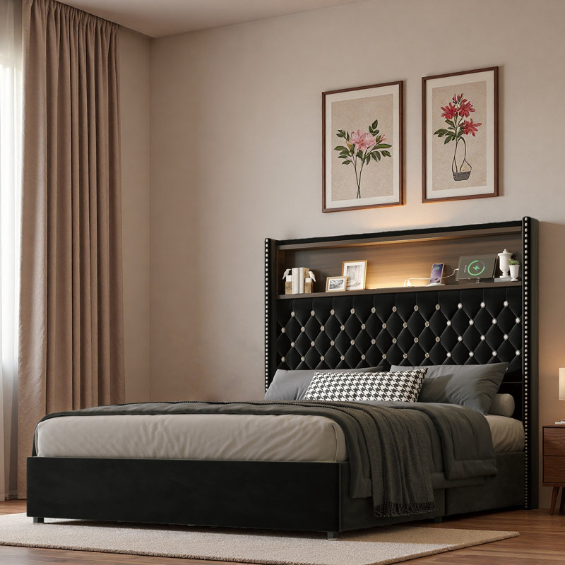 Lit capitonné en velours avec port USB, veilleuse et tête de lit haute Rivet, Noir, Double