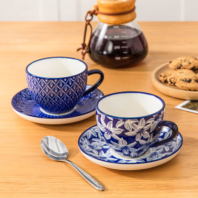 4 Piece Floral Ceramic Coffee Cup&Saucer Set,8 Oz Tea Cups With Botanical Decal Design,Complete Set Of 4