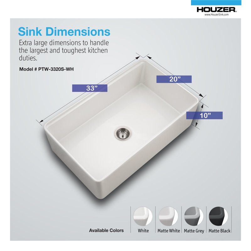 Houzer 33 in White Fireclay Apron Front Single Bowl Workstation Sink with Accessories - PTW-3320S WH