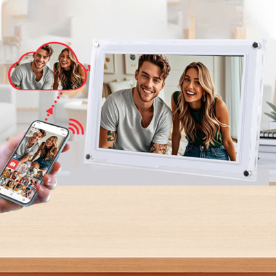 10.1 Inch Smart WiFi Digital Photo Frame 1280x800 Touch Screen Auto Rotate Portrait and Landscape Built in 32GB Memory for VPHOTO App Acrylic White
