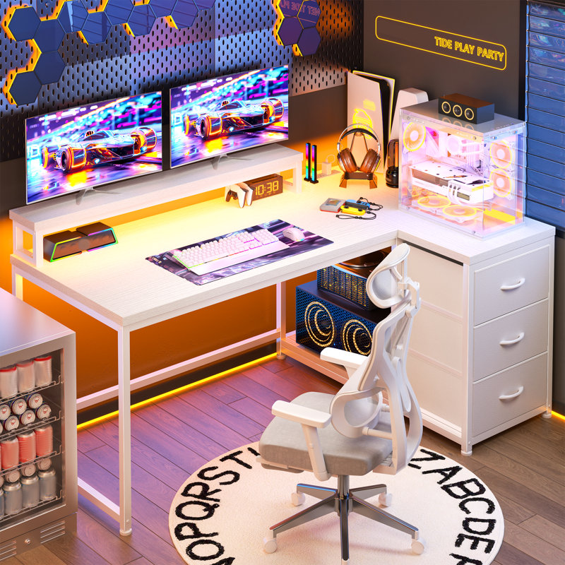 Petit bureau d'ordinateur en L avec 3 tiroirs, lumières à DEL, prise de courant et support pour écran, Blanc