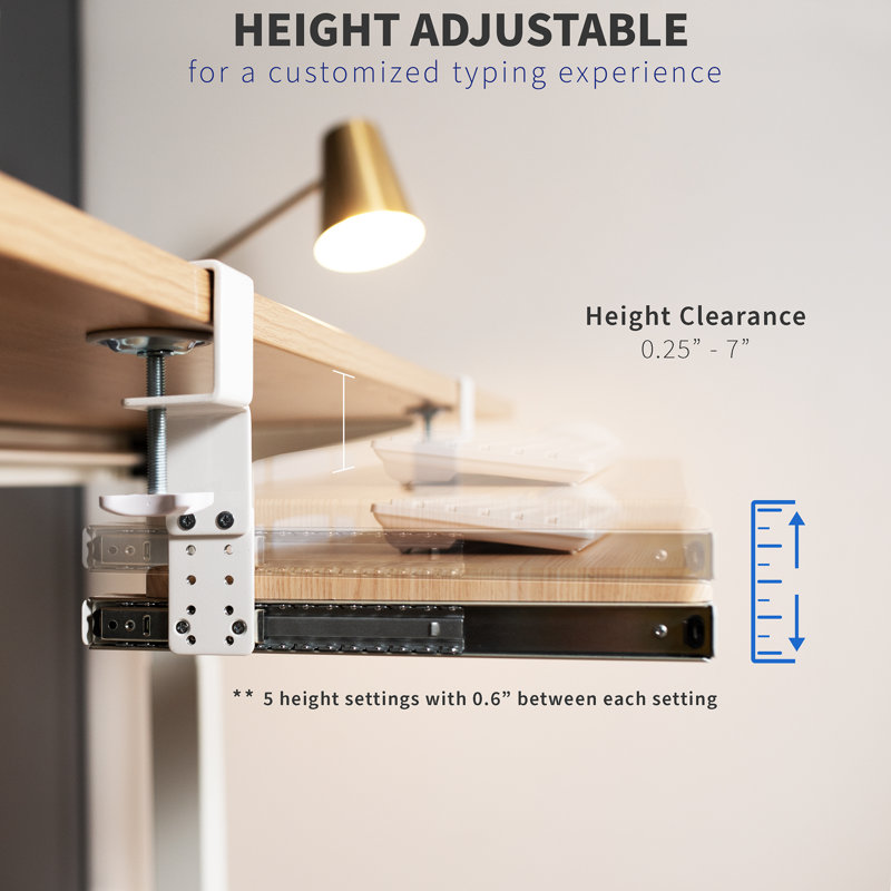Light Wood Adjustable Under Desk Keyboard Tray with White Clamps