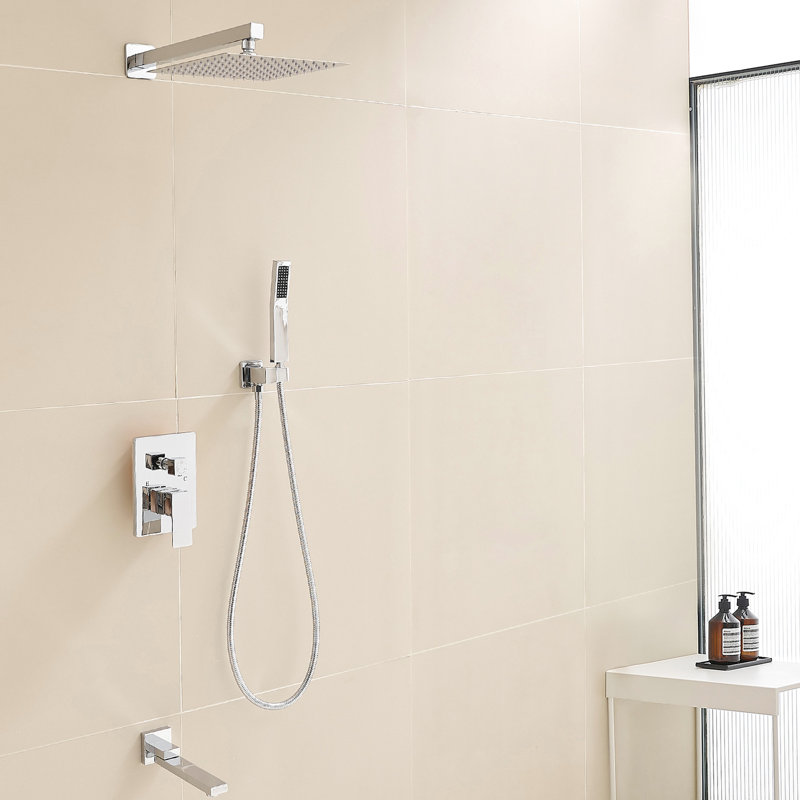 Système de pomme de douche à pluie de 10 pouces avec robinet de douche mural et douchette de haut à 2 jets,, Brushed Nickel