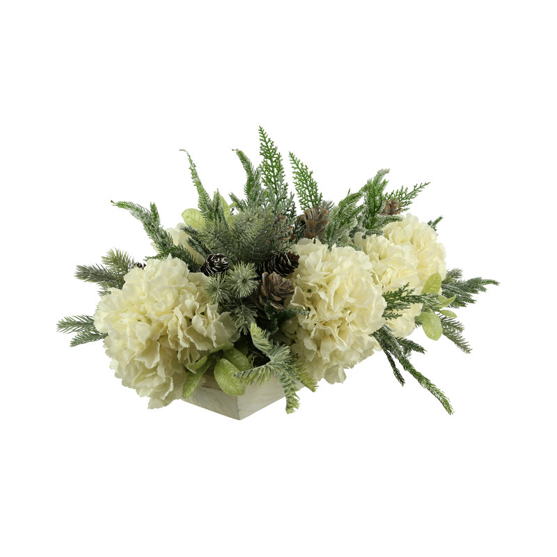 Snowy Evergreen and Hydrangea Holiday Centerpiece