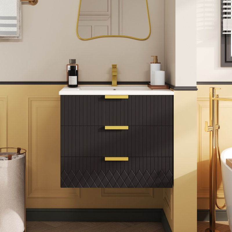Meuble-lavabo mural flottant avec lavabo en céramique et double tiroir, Noir