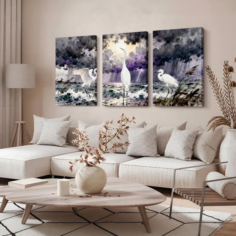 Ensemble de 3 tableaux sur toile tendue « Hérons dans un ciel orageux »., H 30 po x l 60 po