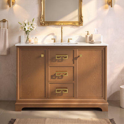 Meuble-lavabo simple autoportant 48 po avec comptoir en marbre d'ingénierie, lavabo en céramique, dosseret