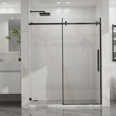 60" W x 72" H Sliding Shower Door, Frameless Sleek Glass Shower Door, 1/4" (6mm) Thick Tempered Clear Glass with Easy-clean Coating, Stainless Steel Hardware, Matte Black