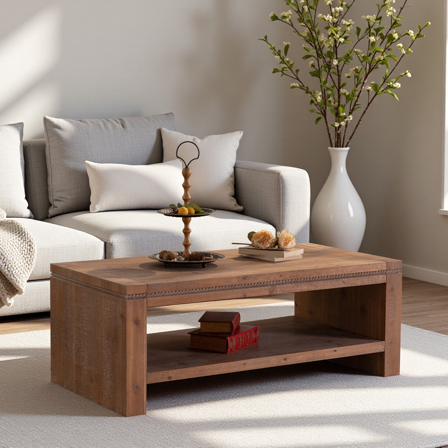 Modern Rustic Wood Coffee Table Farmhouse Style Wood Block Base Rectangular Living Room - Natural,Natural Wood Wash,Rustic, image size:1500x1500