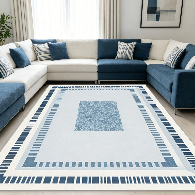 Blue Striped Border area rugs for Living Room, Soft and Comfortable, Suitable for all seasons, easy to maintain, machine washable Indoor floor mat, Under Table Farmhouse suitable for Bedroom, Dining Room, Study,  Balcony, Home Decor Patio