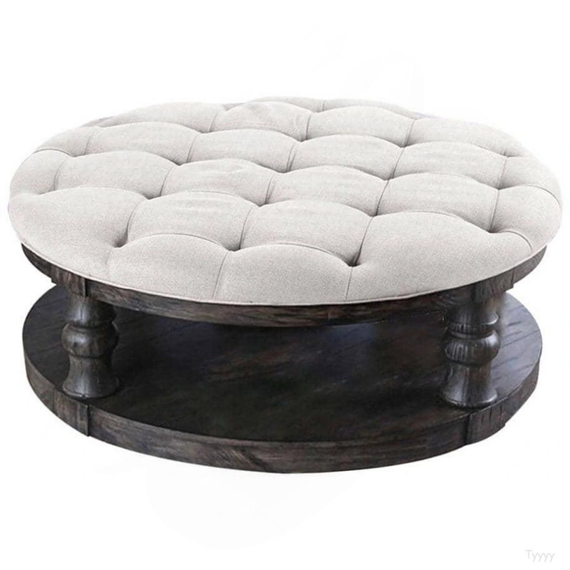Table basse ronde en bois de style rustique avec pieds gris tournés et tablette ouverte