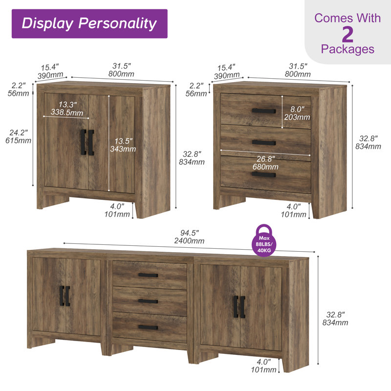 Eaton 3-Piece Modular Sideboard With Drawers & Doors, Weathered Oak Farmhouse Storage Cabinet For Living Room, Dining Room, Or Hallway, Brown