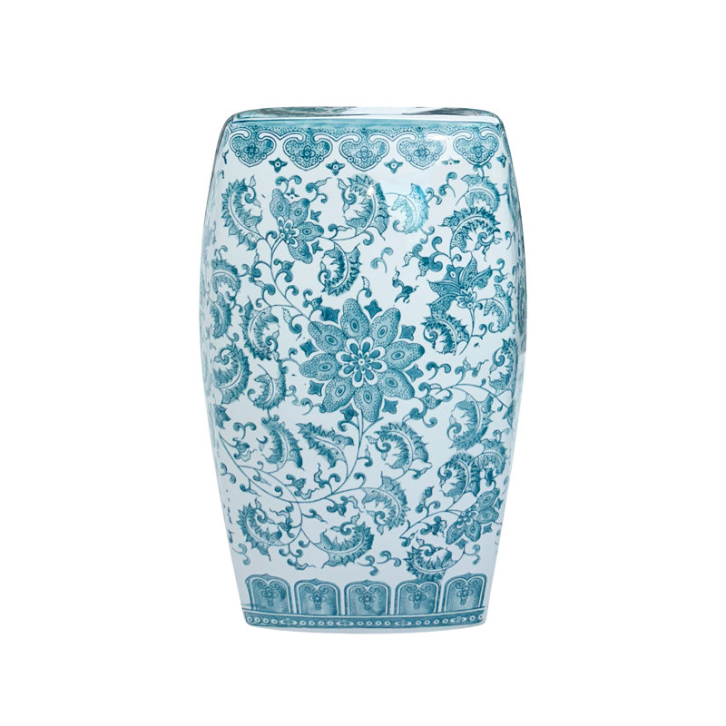 Floral patterned square ceramic stool, Blue