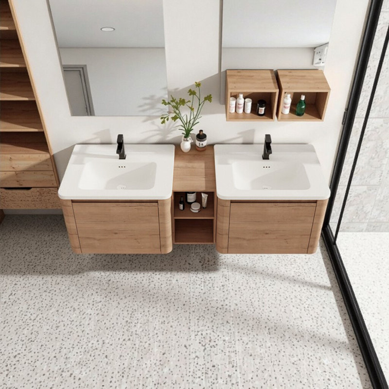 Meuble-lavabo flottant moderne avec lavabo en céramique et tablettes de rangement - Conception compacte, porte à fermeture en douceur, contreplaqué écologique, élégance murale