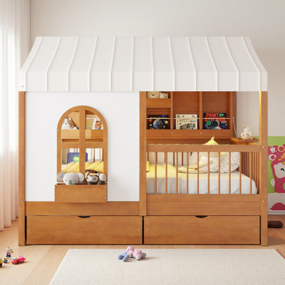 Full Size House Bed With 2 Large Drawers, Side Bookshelf With LED Strip