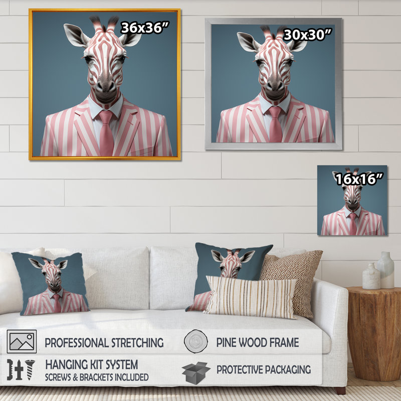 Élégance de mode girafe rose et blanche - Art mural animal girafe, Cadre simple noir, H 16 po x l 16 po x P 1 po
