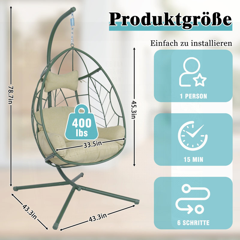 Fauteuil à œufs suspendu à structure en acier avec motif de feuilles, coussin moelleux pour le patio et le balcon