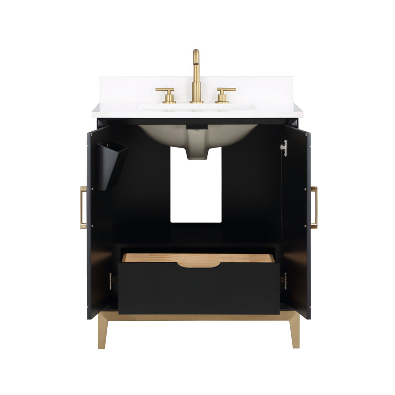 Gracie 30'' W Single Vanity, Midnight Black, Satin Brass, White Quartz