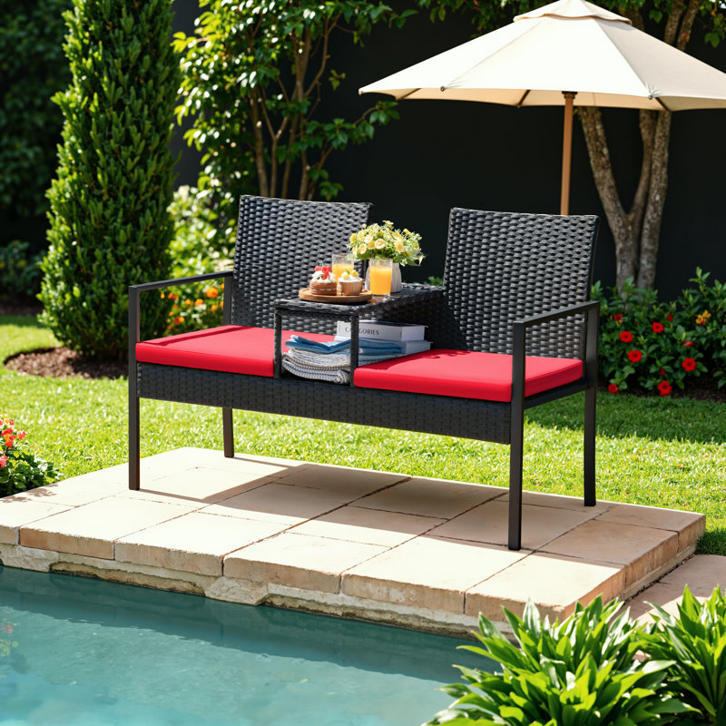 Patio Loveseat Outdoor Wicker Furniture Conversation Set with Soft Cushions & Built-in Coffee Table for Lawn Garden Backyard