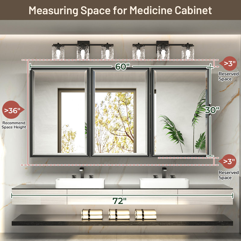 Chouchanik Recessed and Surface Framed 3 Door Medicine Cabinet with Mirror and Shelves, 30" H x 60" W x 5.2" D