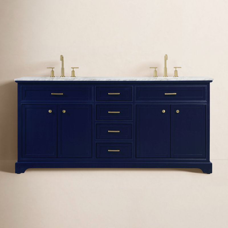 Ensemble de meuble-lavabo double 72 po Hermes, Bleu très foncé, Blanc de Carrare / gris