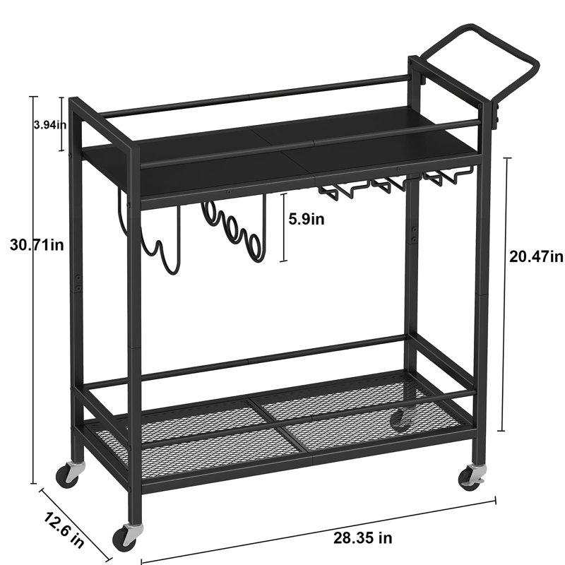 Chariot-bar avec 2 supports de rangement Chariot de cuisine roulant avec porte-bouteilles et porte-verres, Noir, Noyer